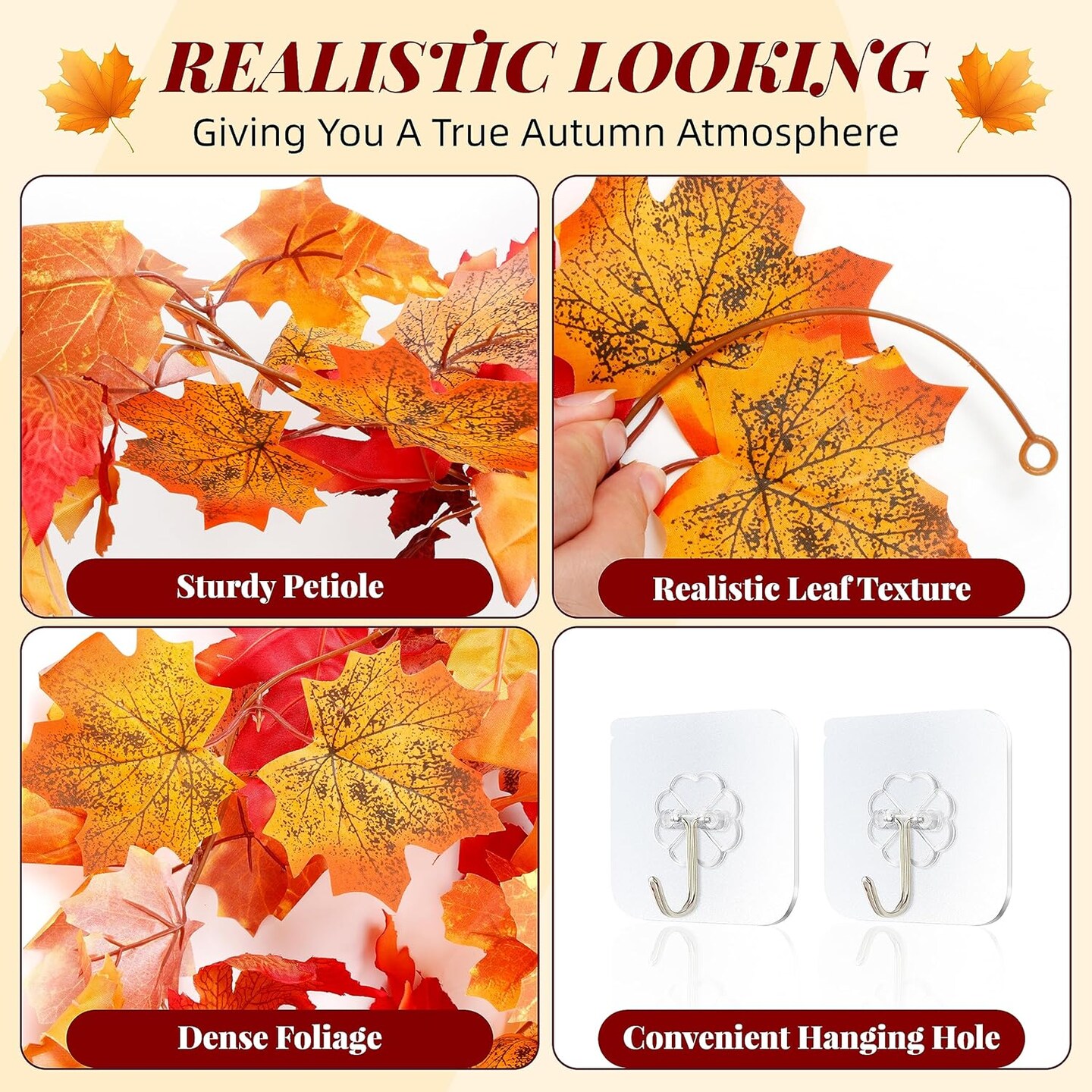 Artificial Fall Garland Maple Leaf, Hanging Vine Garland Artificial Fall Leaves