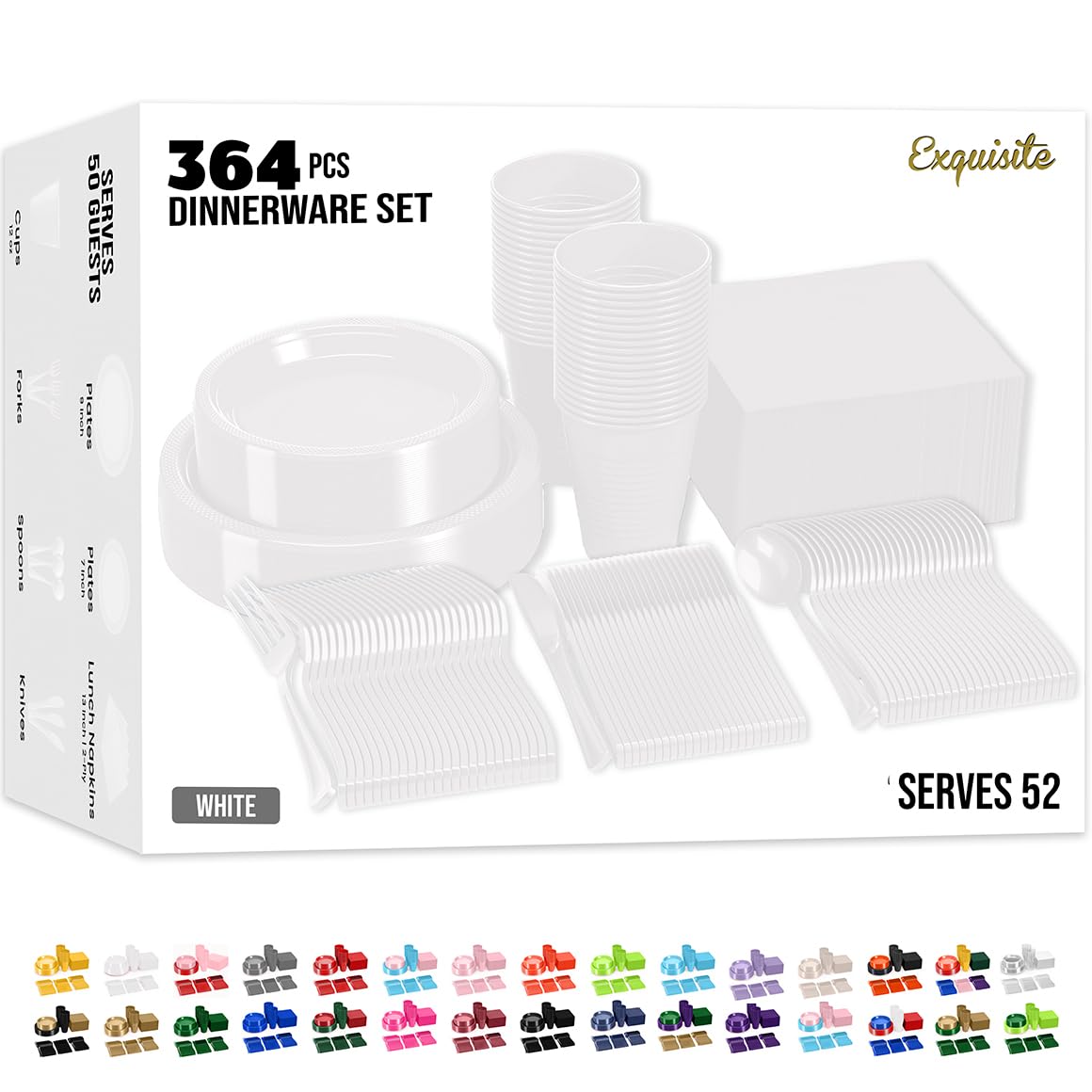 Exquisite 350 Pcs Plastic Plates for Party – Disposable Plates Set – 50 Each of 9" Dinner Plates, 7" Dessert Plates, Plastic Cups, Napkins & Plastic Cutlery – Plastic Dinnerware by Party Solids