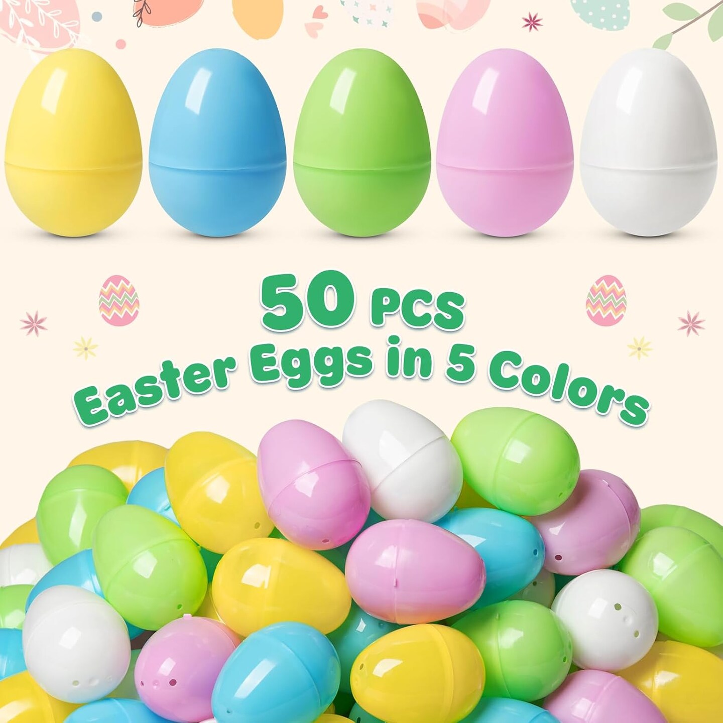 50 PCS Plastic Easter Eggs, 2.4&#x27;&#x27; Bulk Empty Easter Eggs in 5 Colors, Hinged Fillable Eggs for Easter Egg Hunt, Perfect Basket Stuffers, Easter Party Favor for Kids