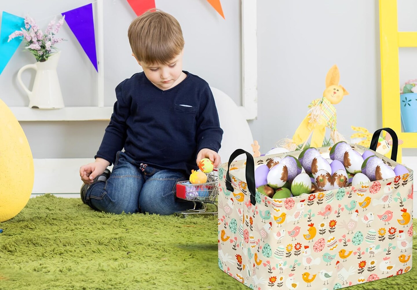 Easter Storage Basket Eggs Bunny Flower Gifts Cube Kids Waterproof Storage Bins Organizer,Foldable Closet Shelf Baskets with handles for Women,Nursery Hamper Toys Box,Room Decorations