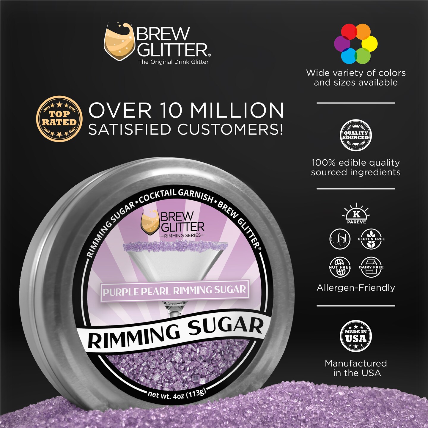 Brew Glitter - Purple Pearl Rimming Sugar (4oz, 1x Bar Tin) Cocktail Garnish for Mixed Drinks &#x26; Refreshments