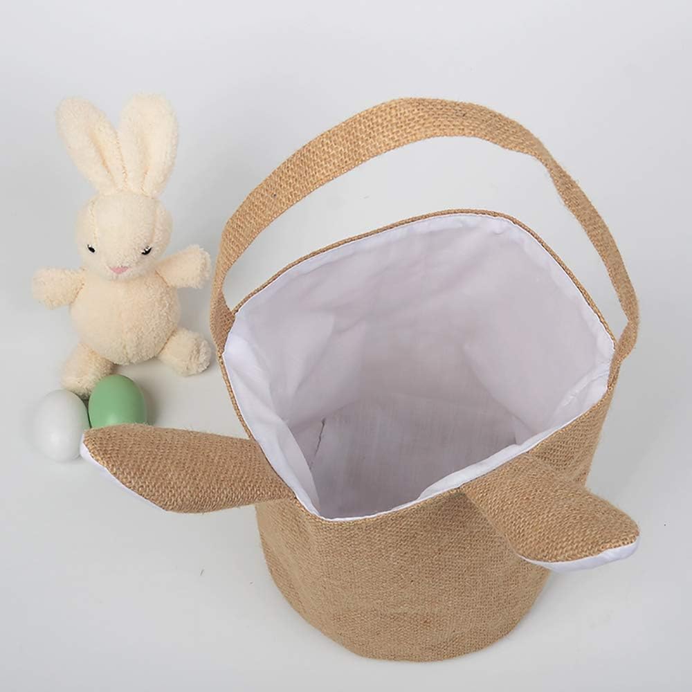 3 Pack Easter Bunny Baskets Jute Burlap Easter Bags with Ears Stand Up 8 x 8 x 9 Inch