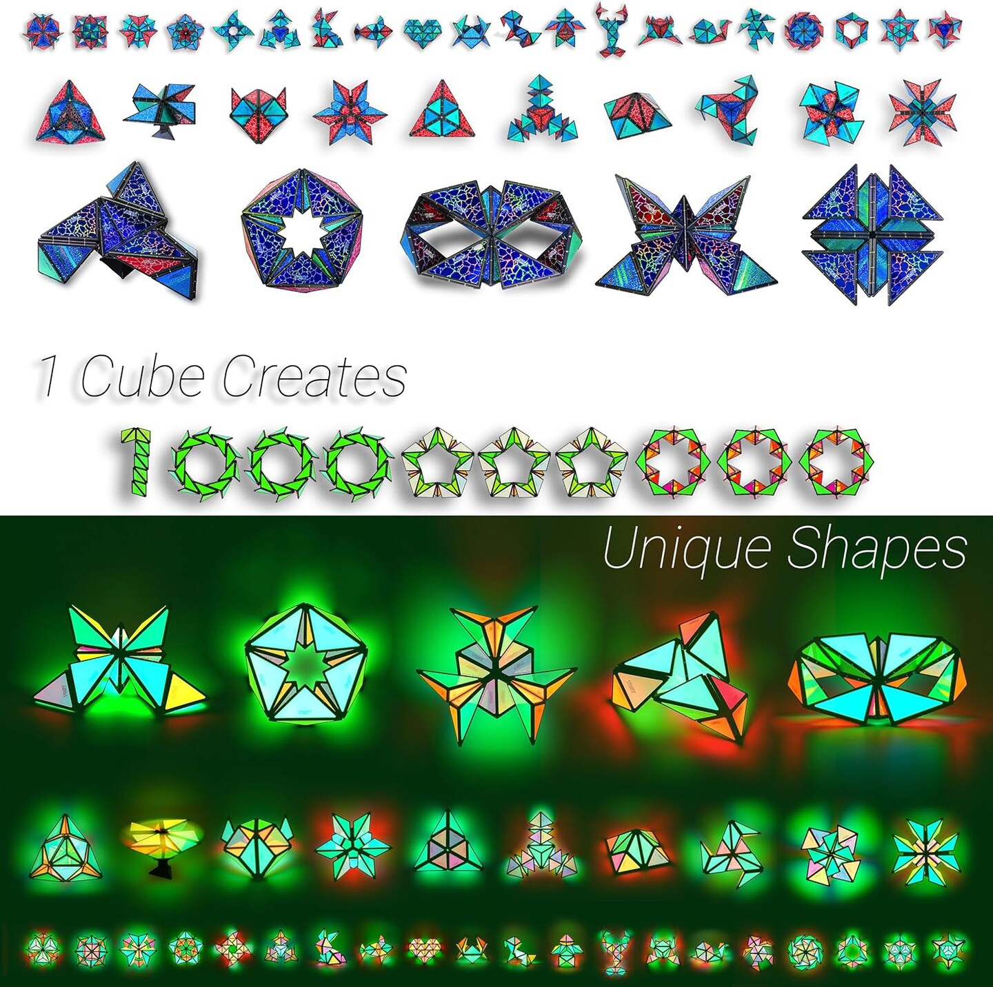 Magnet Pyramid Glow - 1 Cube Transforms into 1 Billion Shapes (Heart, Rose, Chocolate box&#x2026;), 243 Rare Earth Magnets, Glowing, Holographic Design, Puzzle Toy, Easter Valentine Gift for him for her