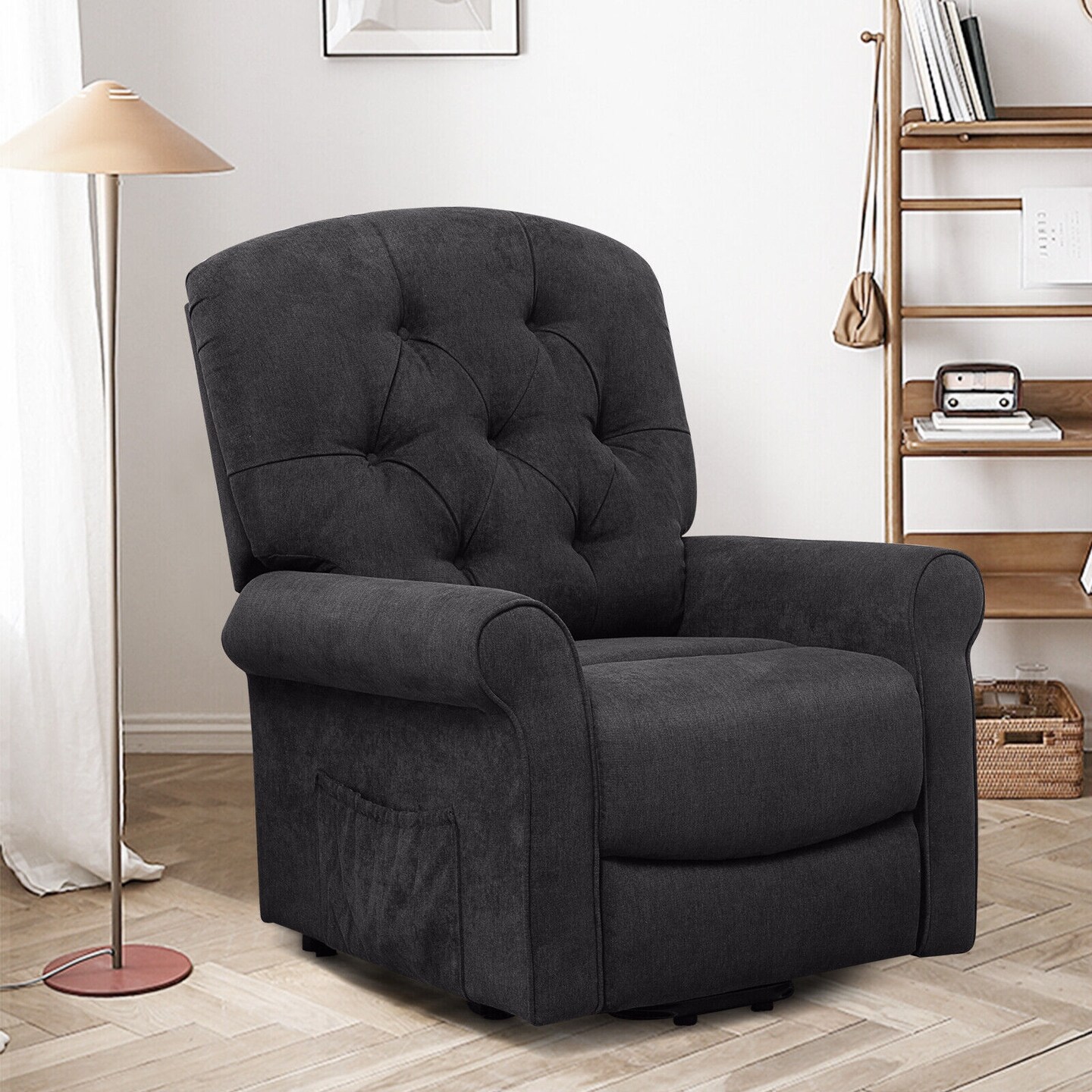 Black Polyester Power Lift Recliner Chair with Motorized Lift and Adjustable Positions