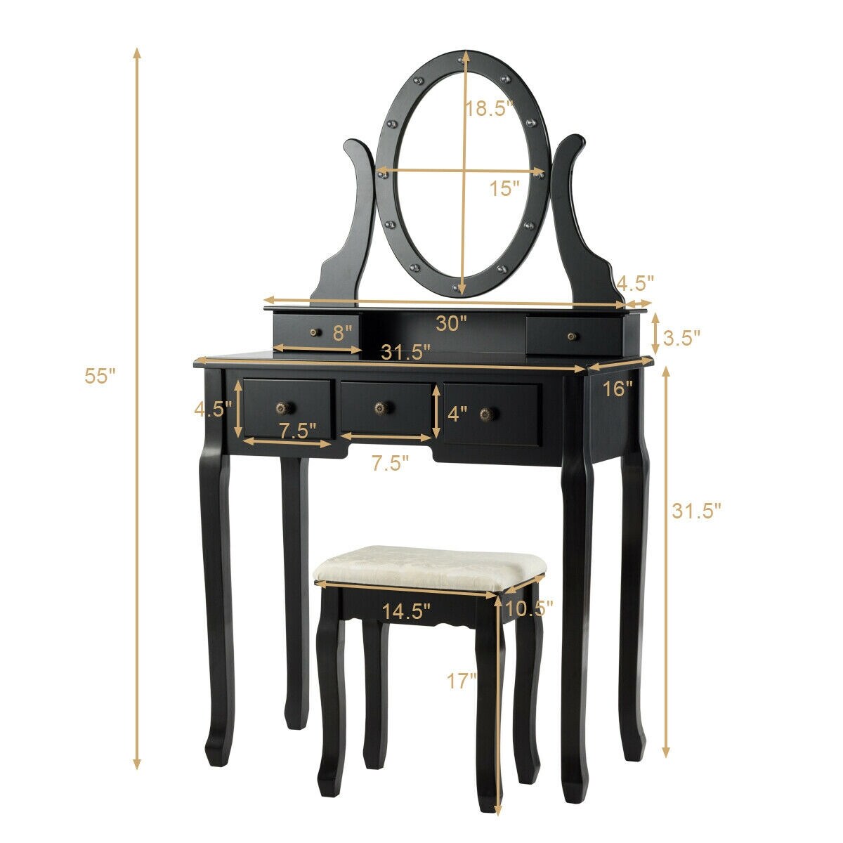 Black Pine Wood Vanity Table Set with LED Lights Mirror and 5 Drawers