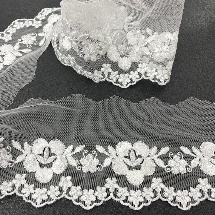 1 Yard Colorful Floral Lace Trimming on Net Mesh – 2.5" Wide | Handmade Embroidered Trim for Dresses & Costumes