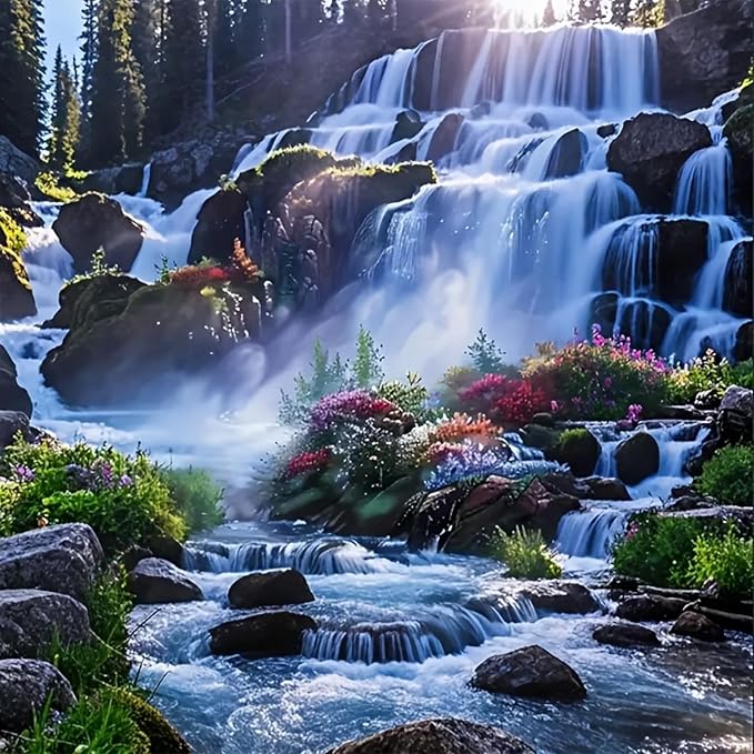 Beautiful Landscape Waterfall Diamond Art Kit for Adults Beginners, 5D DIY Full Drill Round Diamond Painting Kit, Home Wall Decor Craft Set 12x12 Inch