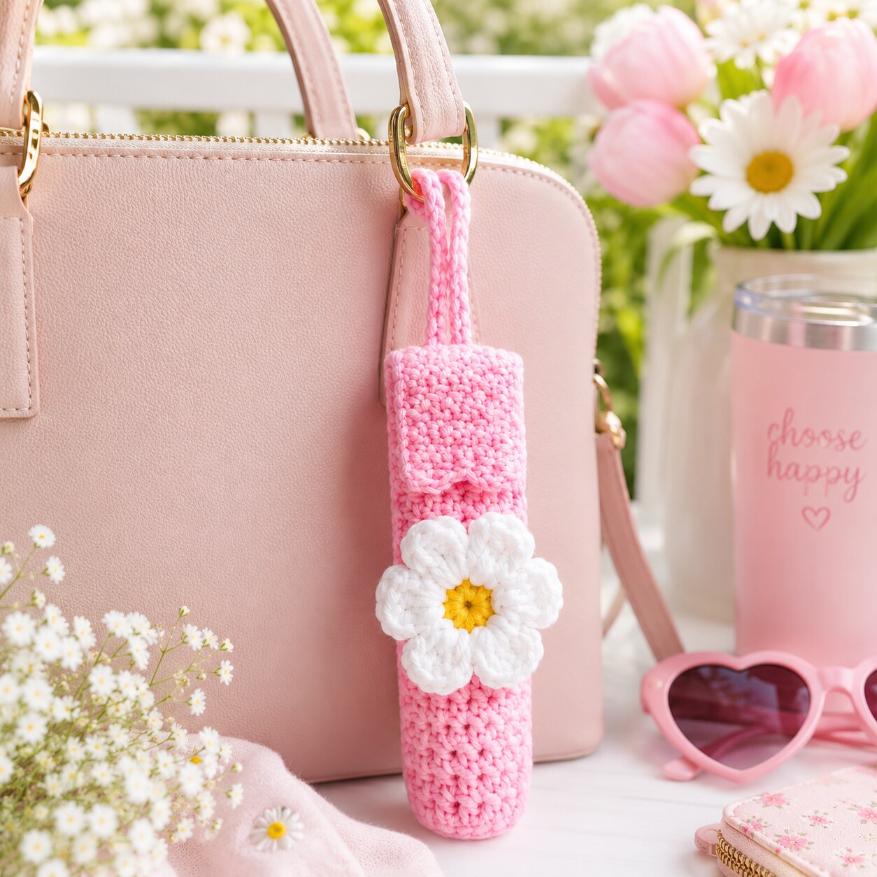 Handmade Daisy Lip Gloss Holder Keychain with Lip Gloss Included
