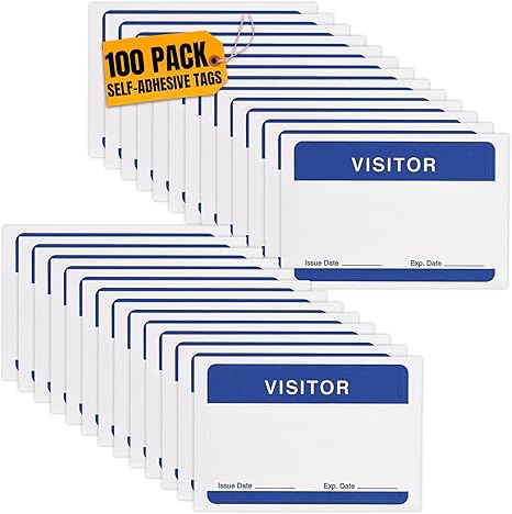 100 Pack Visitor Stickers Name Tag Badges 3.5” x 2.25” Self-Adhesive Visitor Name Labels White/Blue Guest ID Stickers for Office, School, Events & 