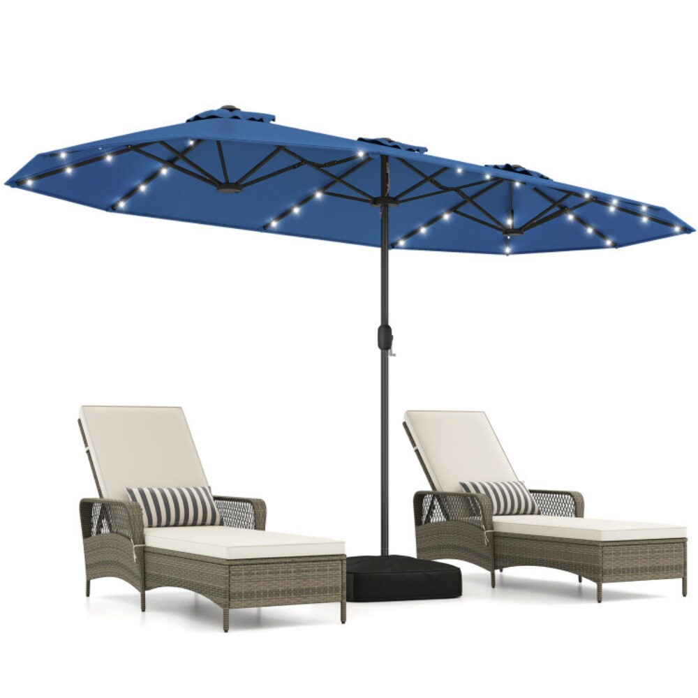 blue solar lighted patio umbrella wikiwiki 9FT Led with Base Included, 32 LED Lights, 8 Sturdy Ribs, Fade Resistant Waterproof POLYESTER DTY Canopy for Garden, Lawn, Deck, Backyard & Pool, Sky shaped sectional with side table Homrest 10ft Solar Lighted Patio