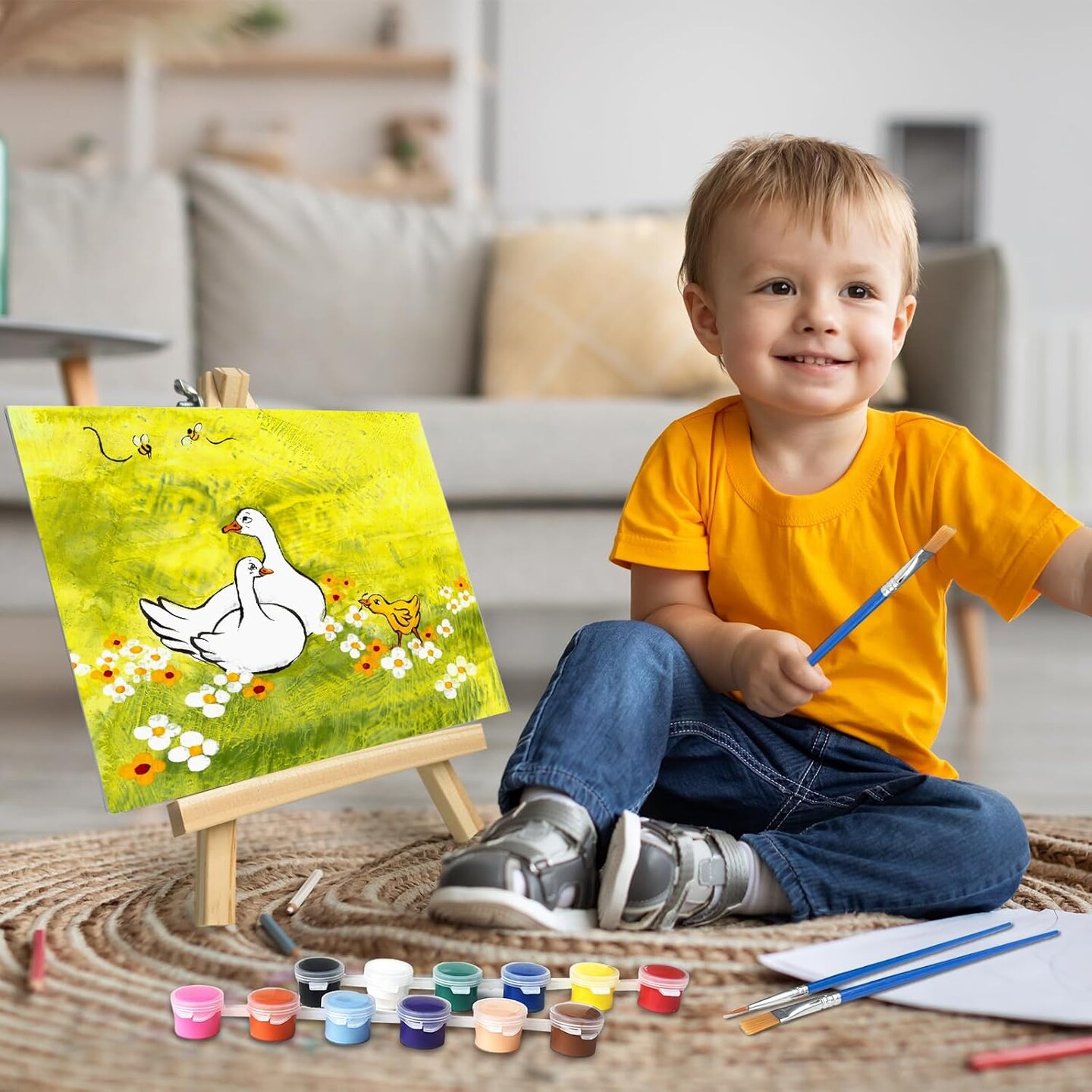 8 Set Mini Acrylic Paint Kit, Mini Stretched Canvas with Easel, Acrylic Paint Strips, Painting Brushes, Mini Canvas and Easel Paint Set for Kids Artists Beginner for Easter Party Gift