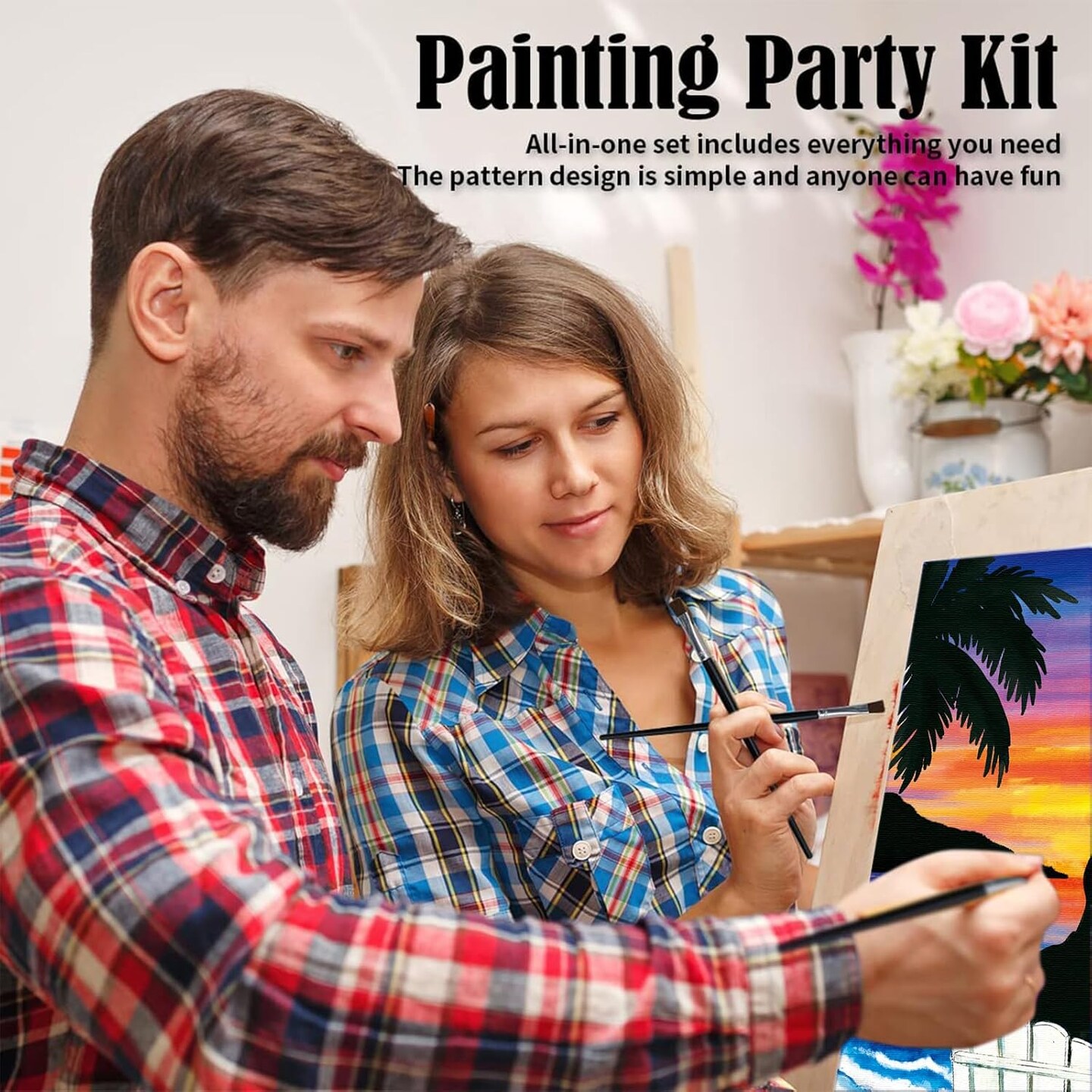 Sip and Paint Kit,Pre Drawn Canvas Couples Paint Party Kit Painting Art Set for Adults Date Night Sunset Beach Lovers 2 Pack