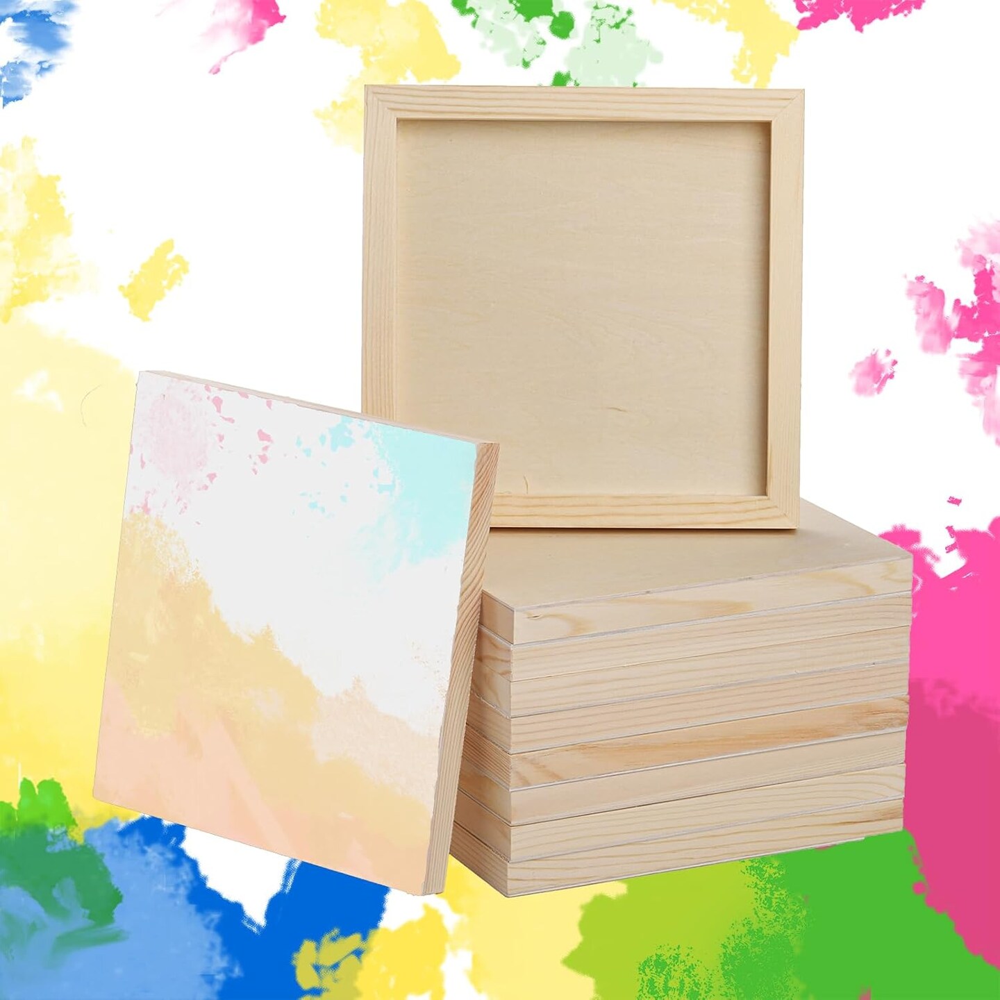 10 Pack Unfinished Wood Panels, 8 x 8 Inches Birch Wooden Cradled Painting Panel Canvas Boards for Watercolor, Arts and DIY Crafts, Easel Display, Use with Oils, Acrylics