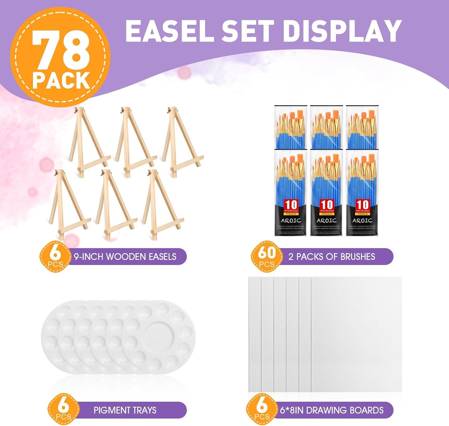 Canvas and Easel Set,Art Painting Set with 78 Pack (6 PCS 9" Wood Easels, 60 Brushes, 6 Canvas Boards and 6 Palette) Painting Supplies kit for Kids & Adults to Painting Party