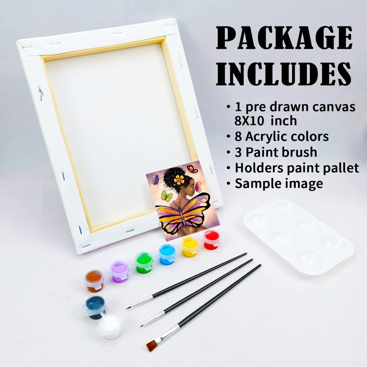 Painting Kit Pre Drawn Canvas for Painting for Adult Party Kits Paint and Sip Supplies 8x10 in Canvas Butterfly Girl 8 Acrylic Colors,3 Brush,1 Pallet Paint Art Set