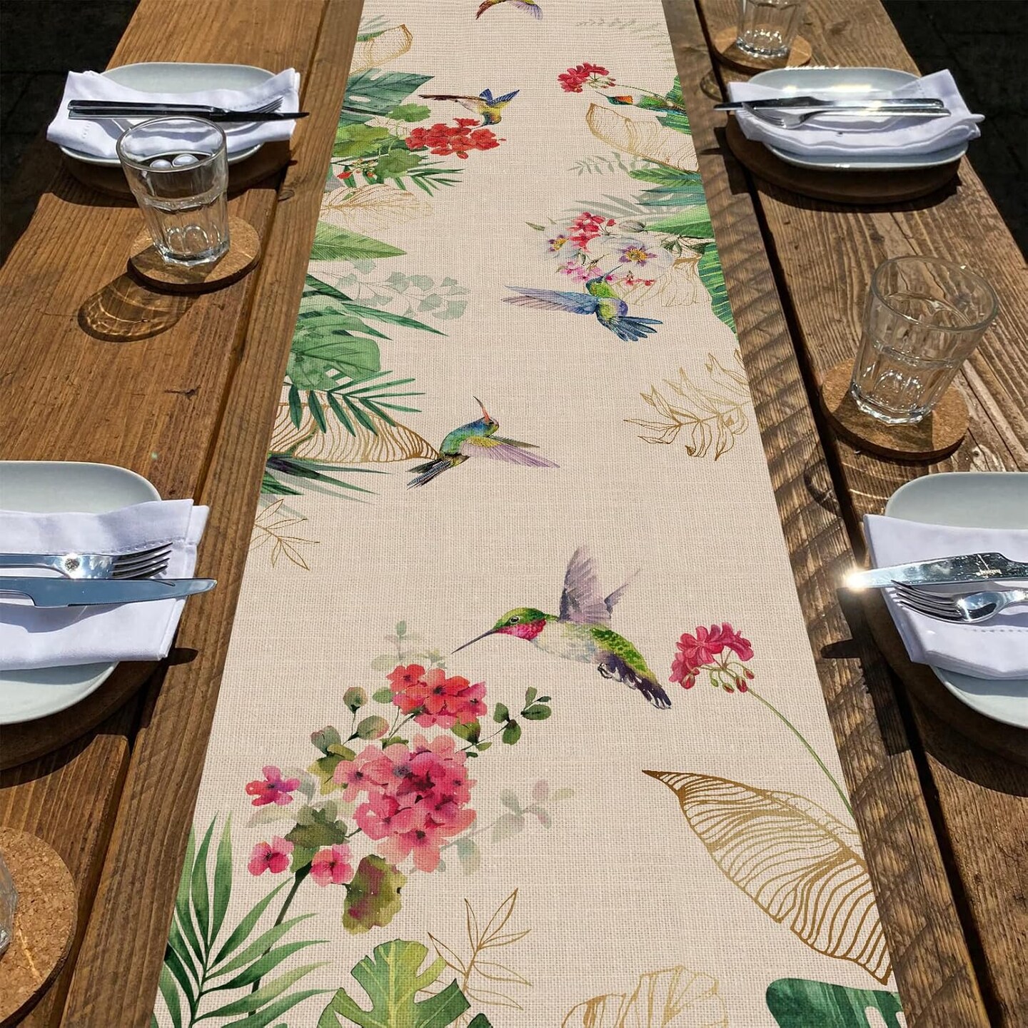 Summer Tropical Hummingbird Palm Leaf Greenery Table Runner 13 x 72 Inch