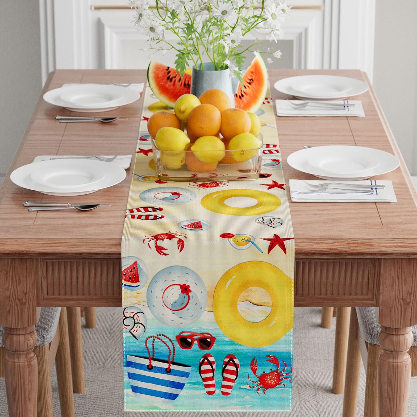 Summer Beach Swim Ring Flip Flops Seaside Themed Table Runner 13x72