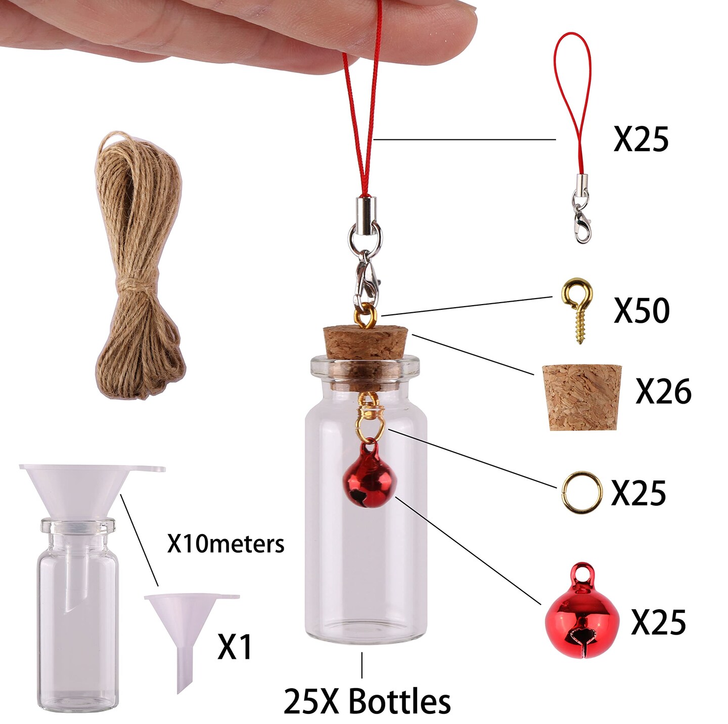 25pcs Small Glass Bottles with Cork Stoppers DIY Art Craft Storage 10ml Mini Glass Vials,Tiny Jars for Wedding Party Favors Home Decoration with Connection Accessories Twine Bell