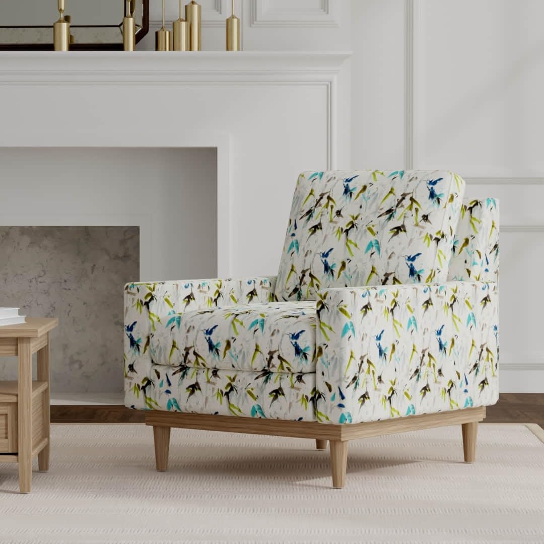 Blue Green Stain Resistant Performance Leaves Botanical Print Upholstery Fabric by The Yard - SKU: Ellison Marine