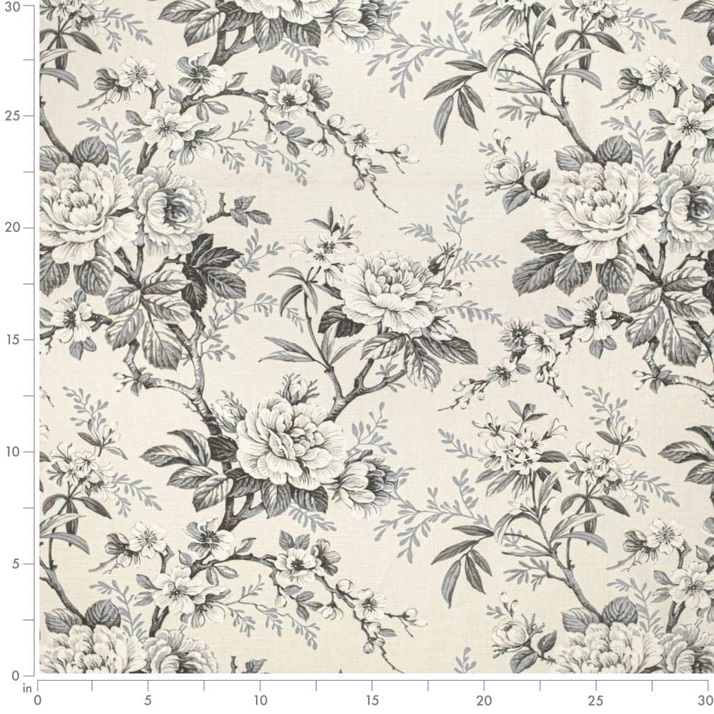 Black Grey Floral Linen Look Print Upholstery Fabric by The Yard - SKU: Bexley Smoke