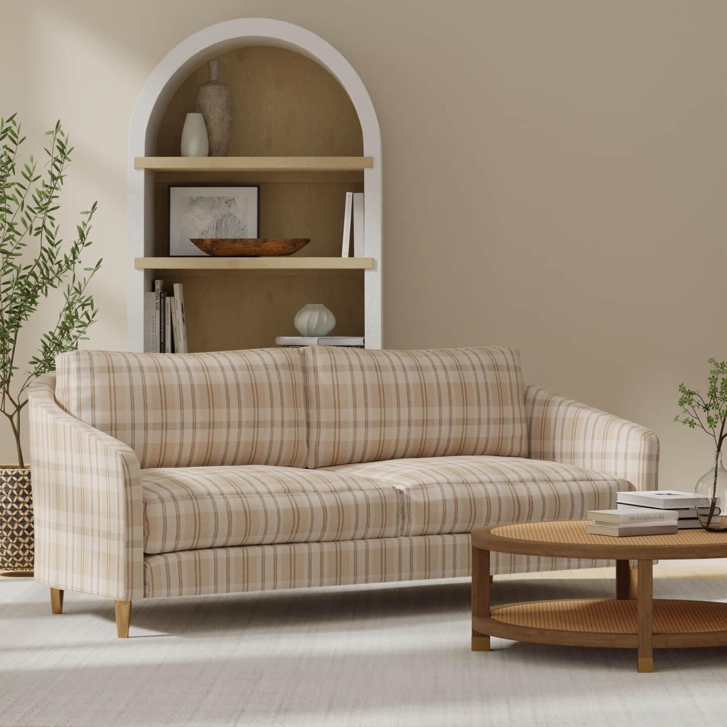 Natural Brown Stain Resistant Performance Pet Friendly Plaid Woven Pattern Upholstery Fabric by The Yard - SKU: Harley Latte