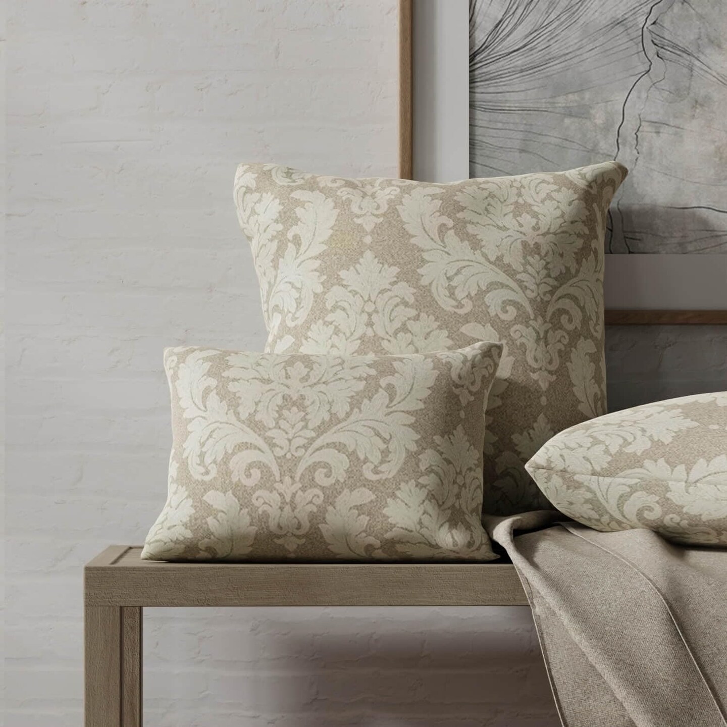 Natural Damask Woven Pattern Upholstery Fabric by The Yard - SKU: Huey Beige