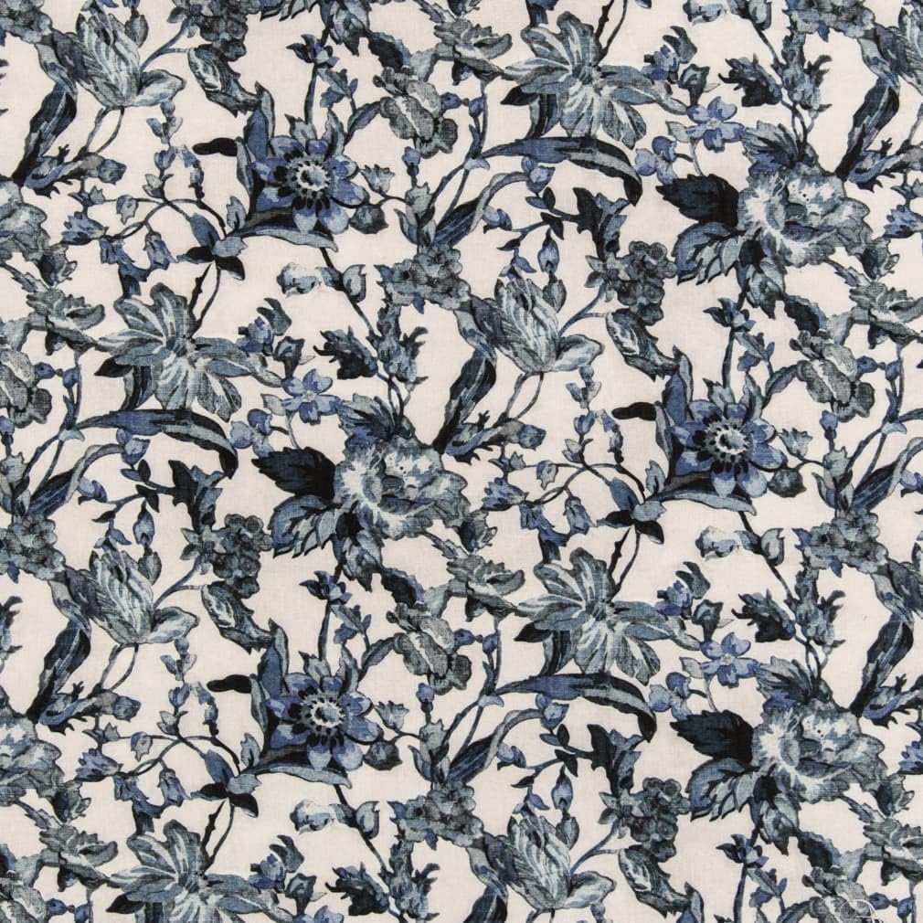 Blue Stain Resistant Performance Pet Friendly Floral Print Upholstery Fabric by The Yard - SKU: Titus Sapphire