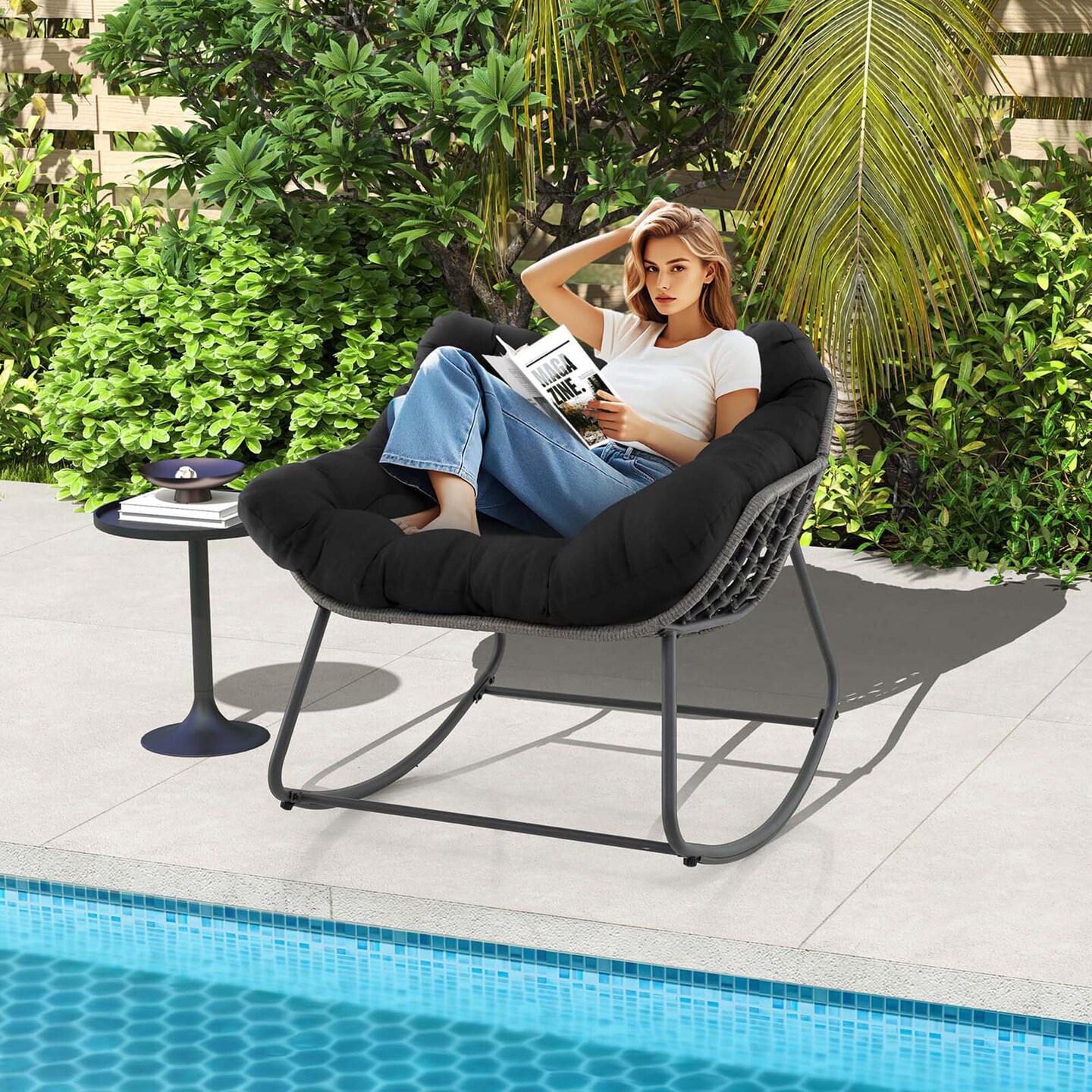 Costway 1/2 PCS Outdoor Rocking Chair Oversized Patio PE Wicker Egg Chair Rattan Lounge Chair Black