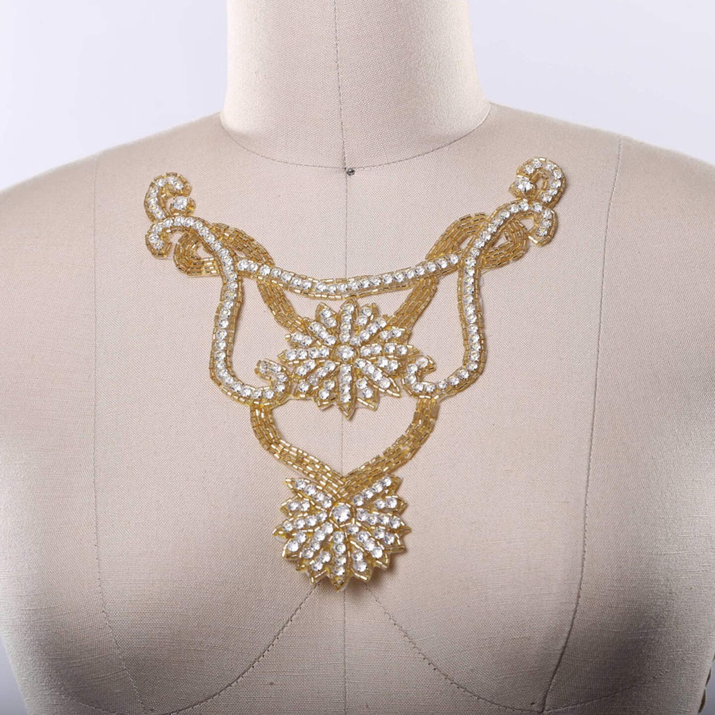 8" Diagonally Gold Rhinestone Iron on Collar Neckline Applique Flower Center Costume Embellishment