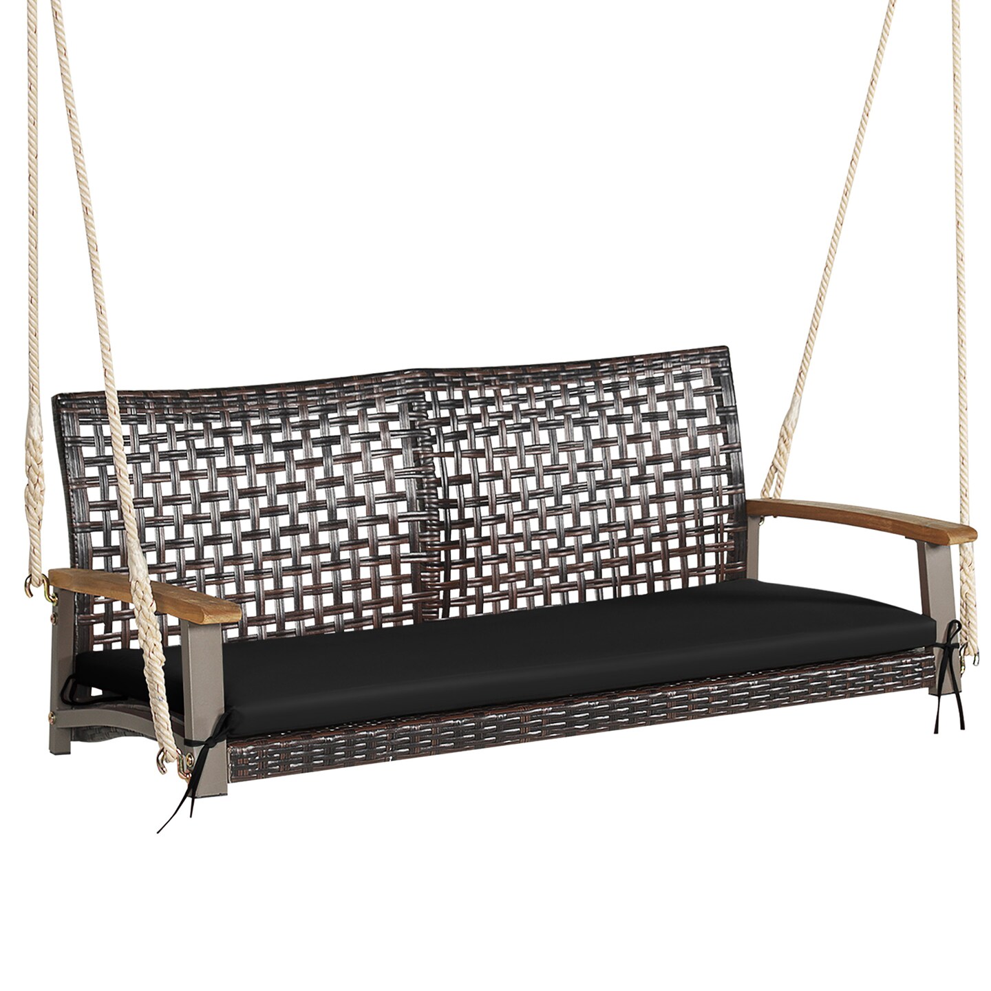 Costway 2-Person Patio Rattan Hanging Swing Chair Porch Loveseat Cushion Off