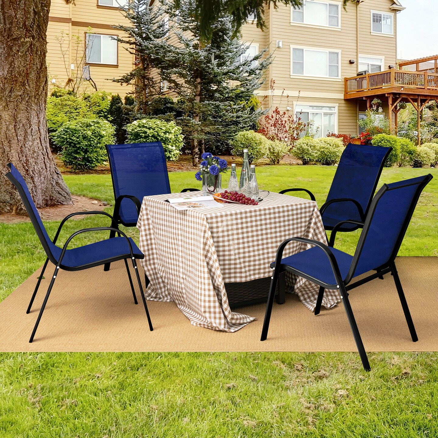 Costway Set of 4 Patio Dining Chairs Stackable Armrest Space Saving Garden Black/Borwn/Grey/Navy