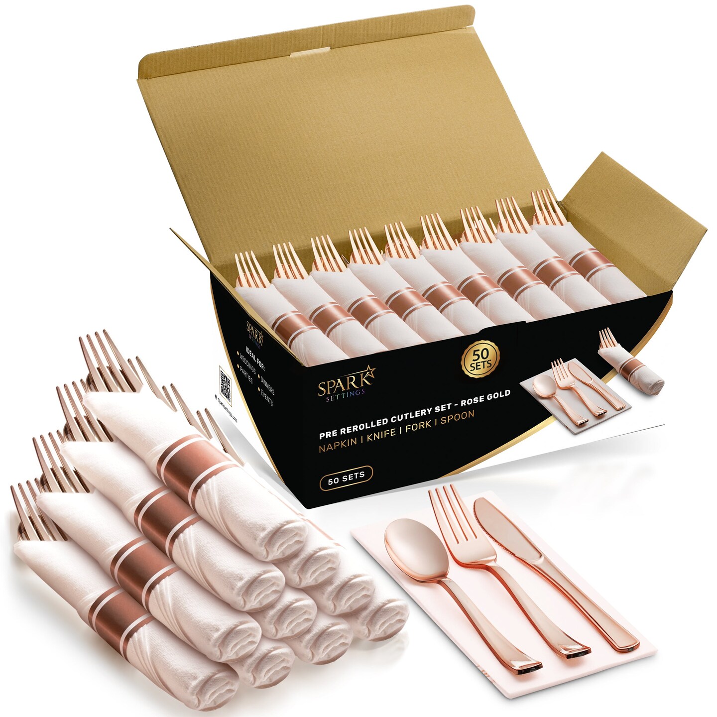 SparkSettings Plastic Silverware, 50 Pre Rolled Napkin and Cutlery Set
