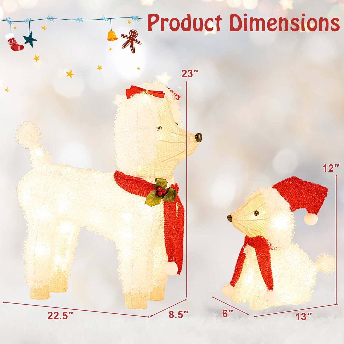 Costway Pre-lit Mama &#x26; Baby Poodle Dogs 60 Warm White LED Lights Red Hat &#x26; Scarf