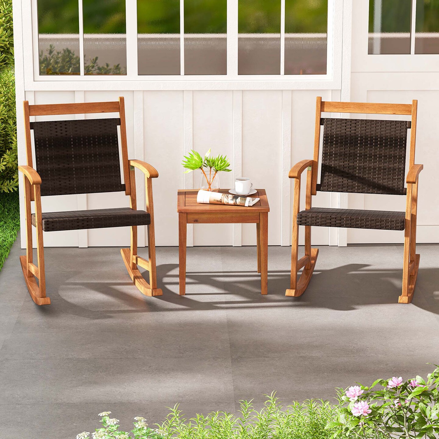 Patio Rattan Rocking Chair Costway 3PCS Patio Rattan Rocking Chair Bistro Set Acacia Wood Frame ...