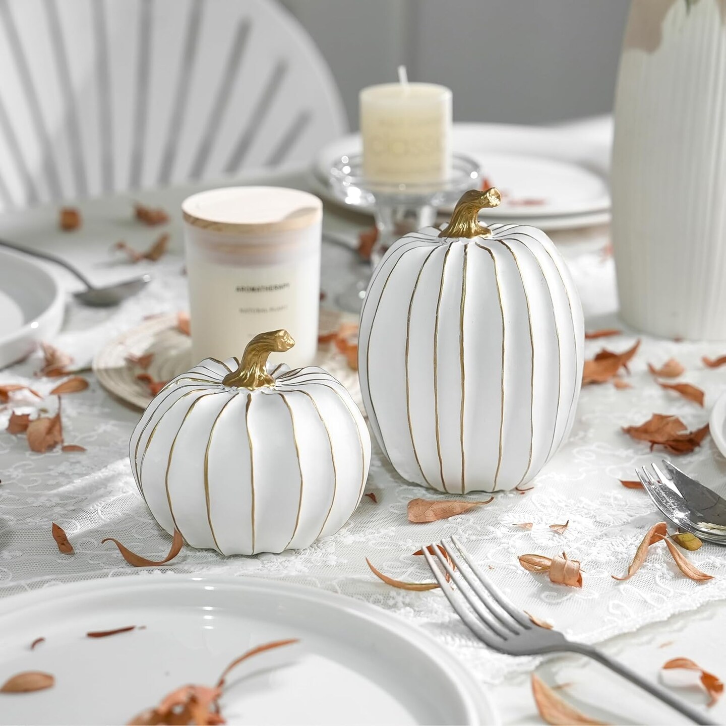 White and Gold Fall Pumpkin Decor - Set of 2