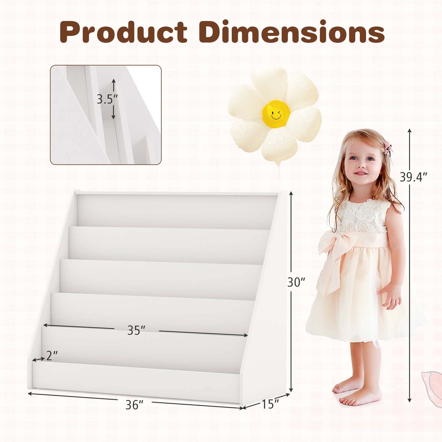 Costway 5 Tier Kids Bookshelf with Anti-Tipping Device Kids-friendly Height for Bedroom Natural/Brown/White