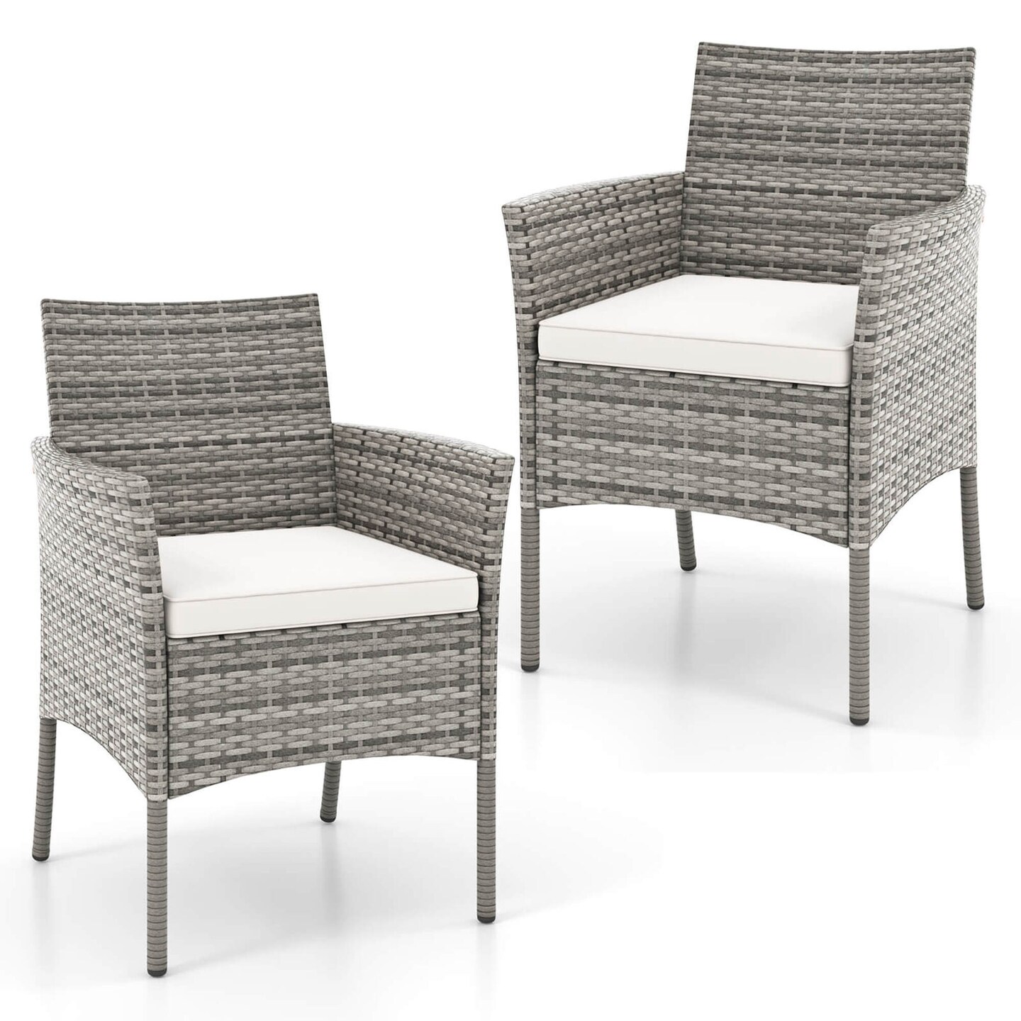 Costway Set of 2 Patio Rattan Arm Dining Chair Cushioned Sofa Furniture White