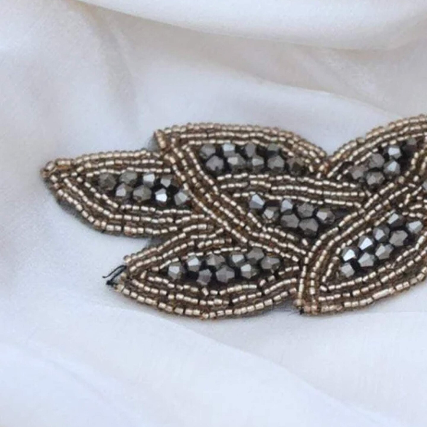 1 Piece 6&#x22;x2&#x22; Taupe Charcoal Beaded Applique Patch Iron On Rhinestone Embellishment