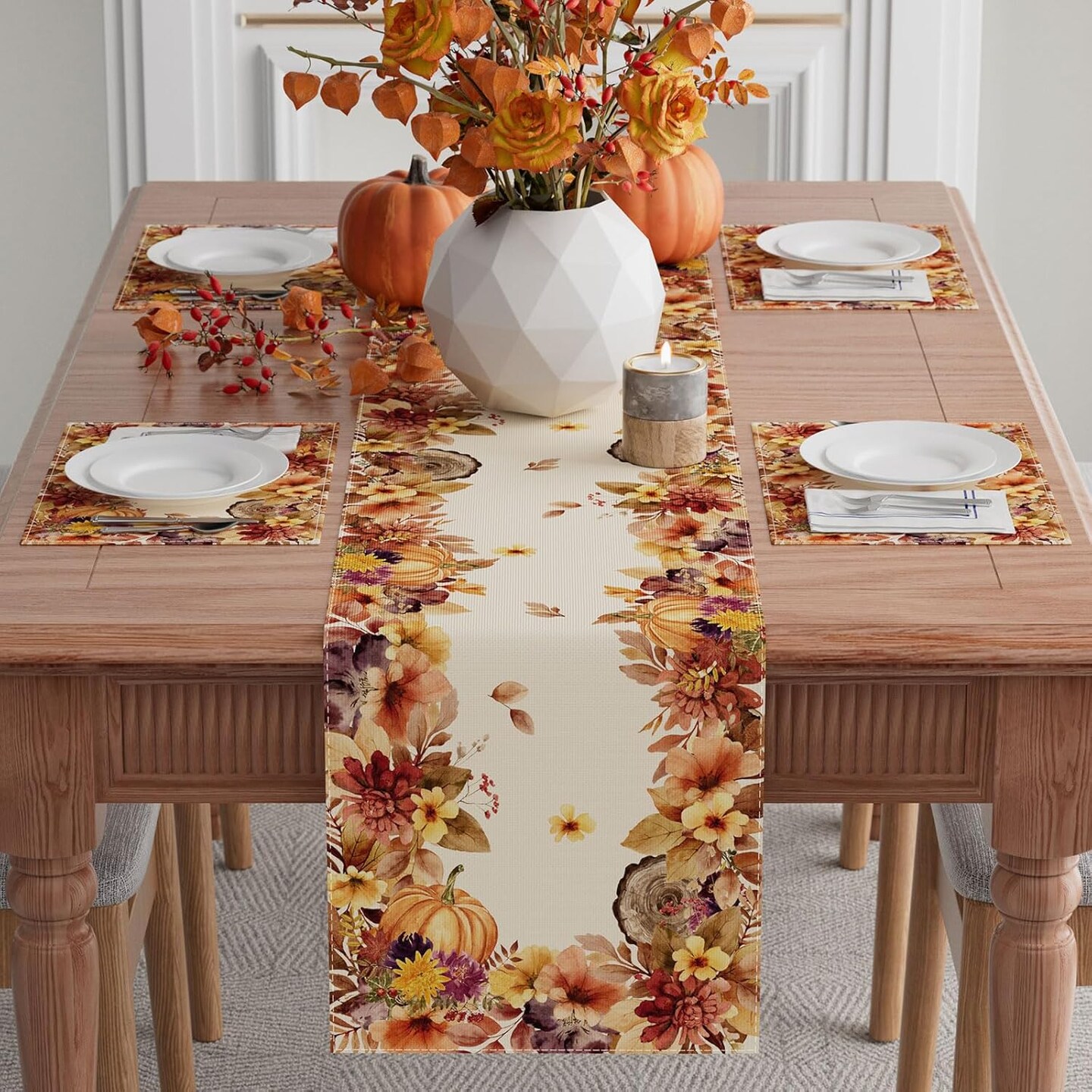 Fall Color Wild Flowers Watercolor Table Runner