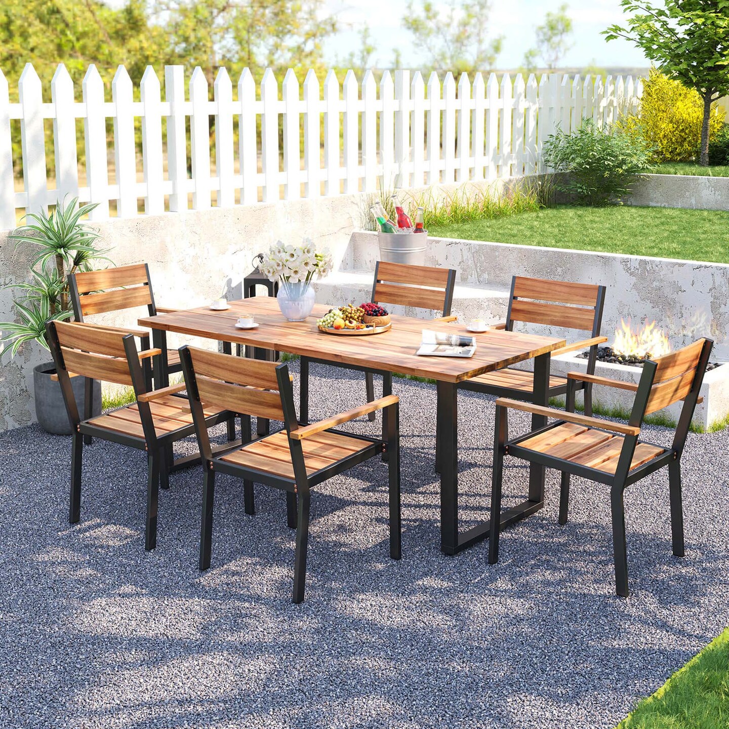Costway 7 PCS Acacia Wood Patio Dining Set 6 Armchairs and 69" Table with 2" Umbrella Hole