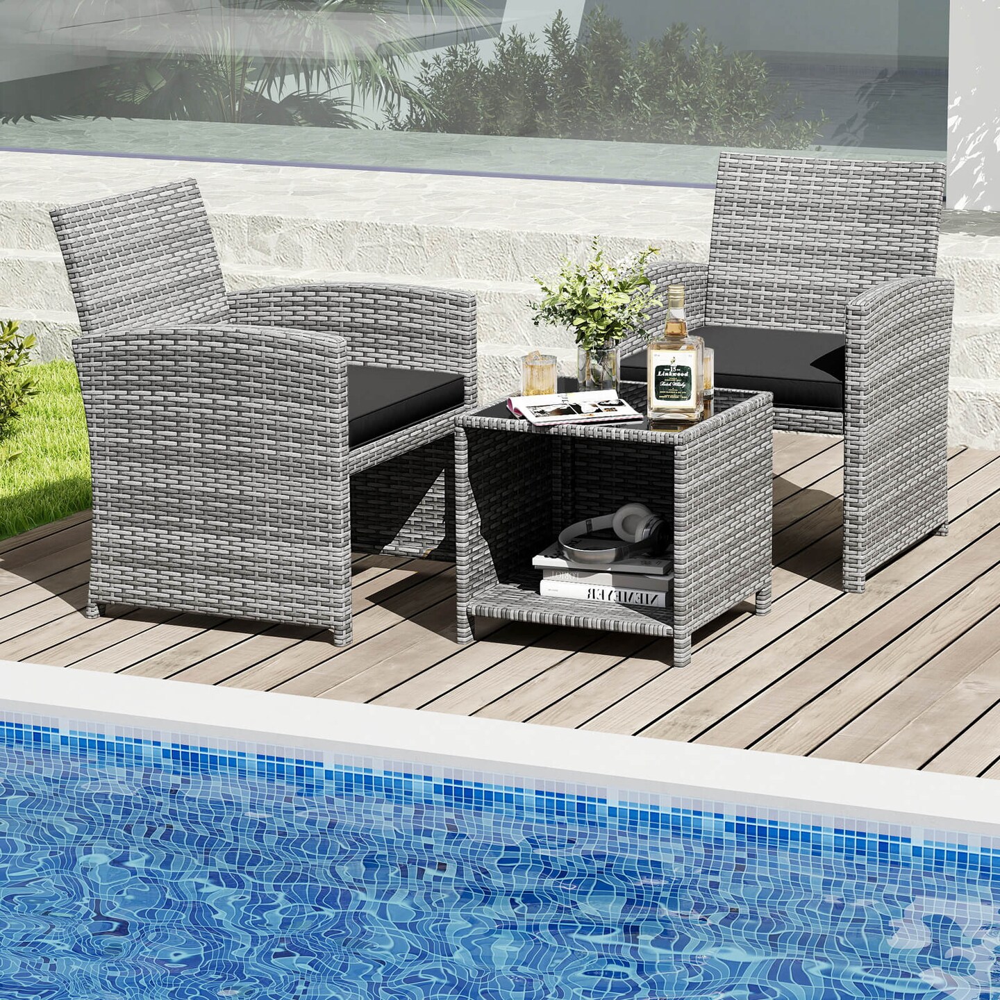 Costway 3 PCS Patio Furniture Set with Tempered Glass Coffee Table & Soft Seat Cushions Gray/Black/White