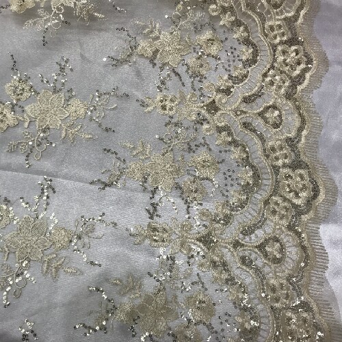 1 Yard Ivory Sequin Lace Fabric 100% Polyester Embroidered Mesh with Sequins for Bridal & Formal Wear 51” Wide