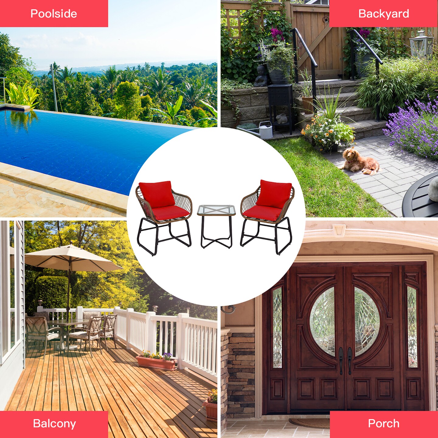 Costway 3PCS Patio Rattan Bistro Set Cushioned Chair Glass Table Deck White\Turquoise