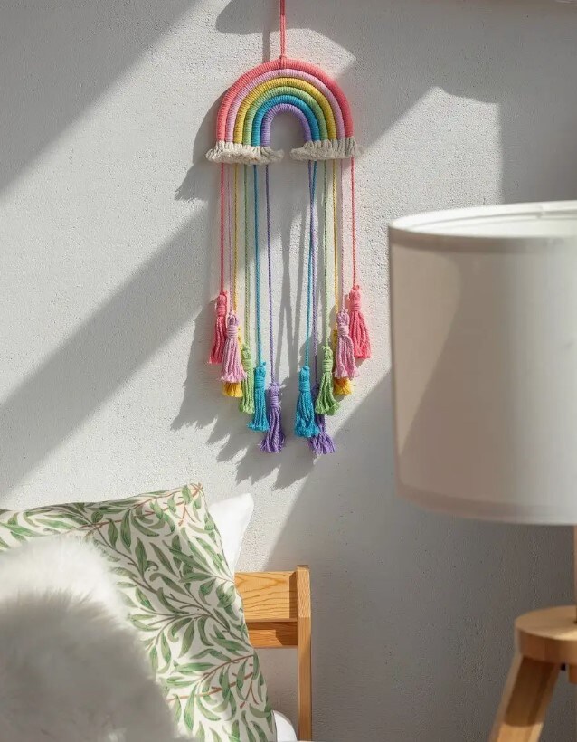 Macrame Rainbow Wall Hanging &#x2013; Hair Bow Holder for Girls &#x2013; Handwoven Cotton Nursery Decor &#x2013; Pink Boho Tapestry for Baby Room or Kids Bedroom