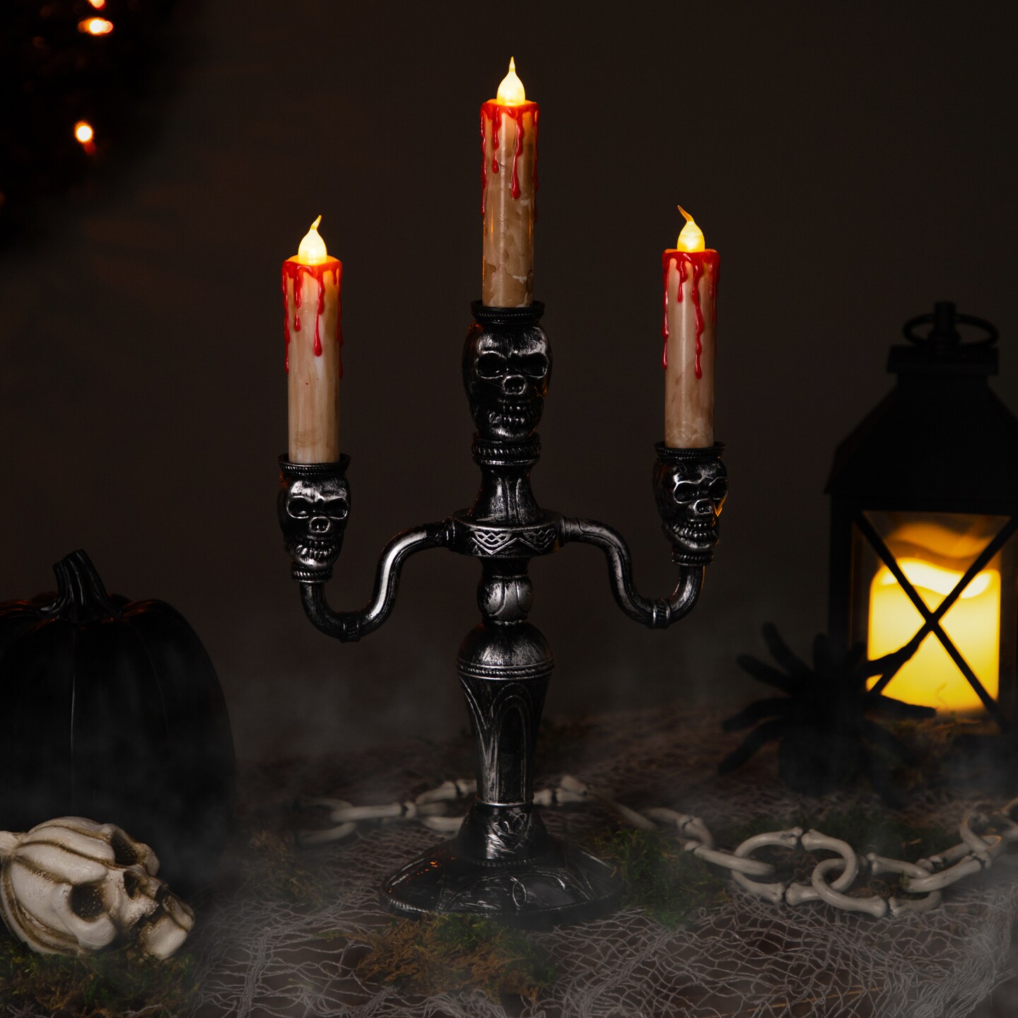 Northlight Antique-Style Skull Trio Flickering Halloween Candelabra - 13.75&#x22; - Amber Lights