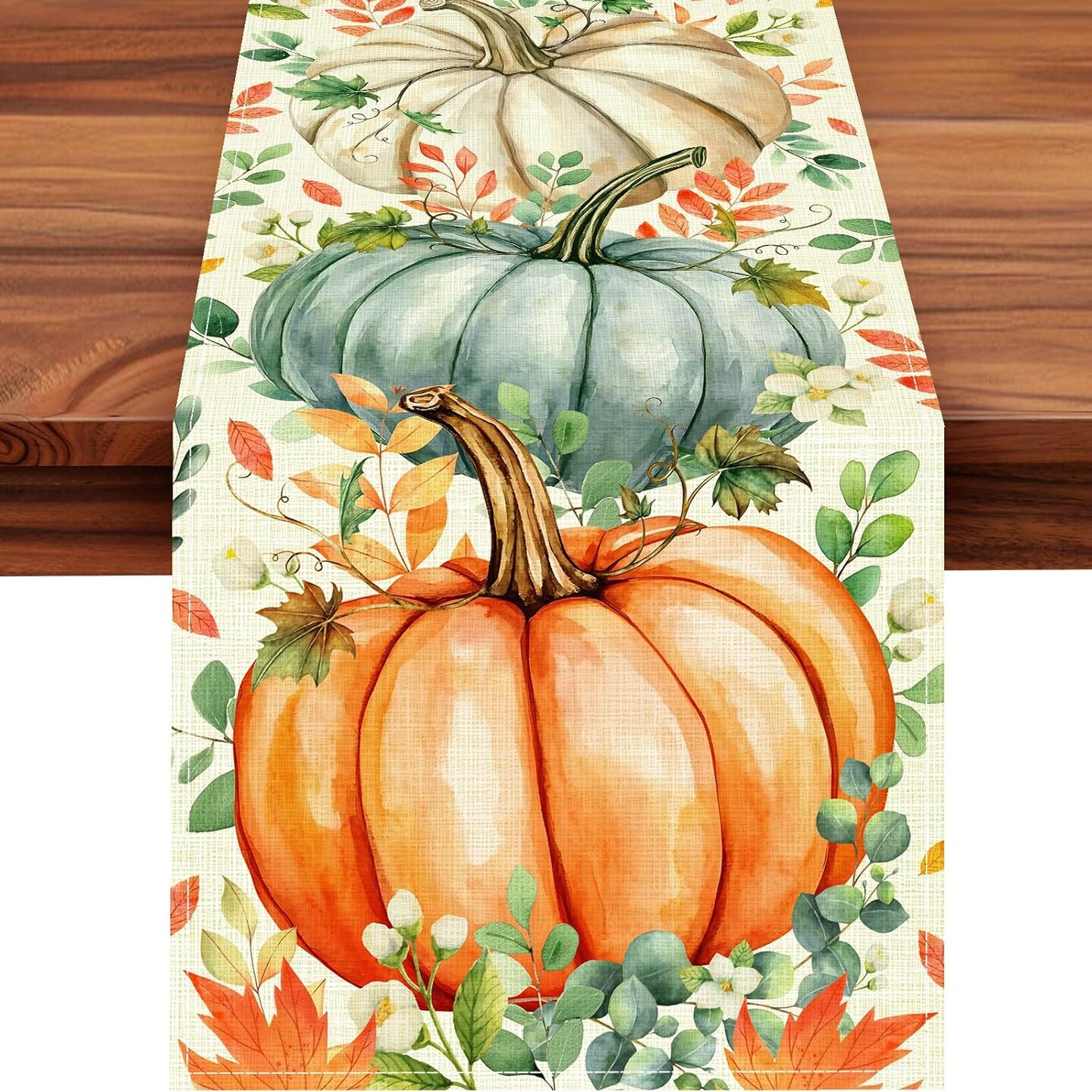 Pumpkin Eucalyptus Leaves Fall Table Runner