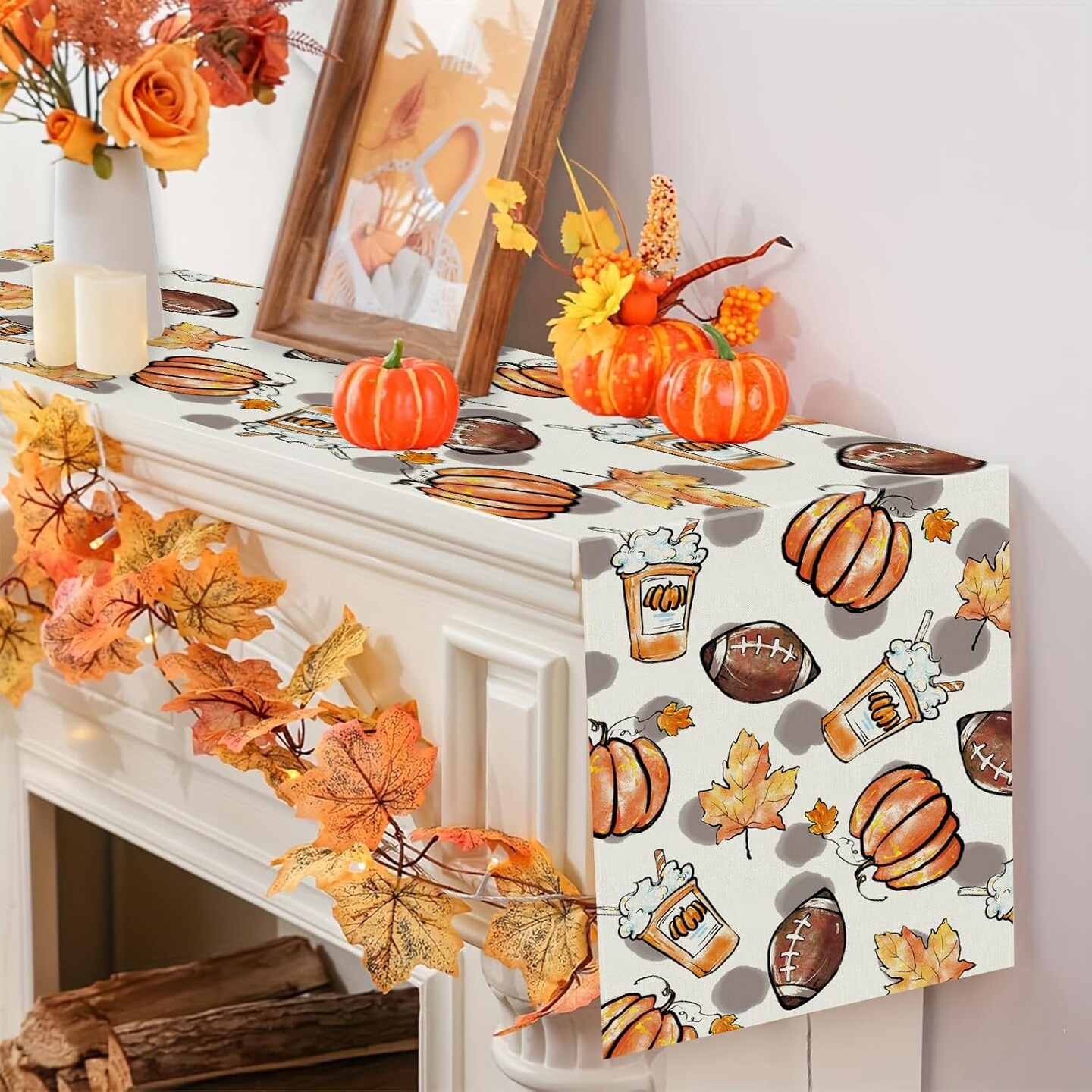 Fall Table Runner Pumpkins Football Thanksgiving Table Runners 13x72 Inch
