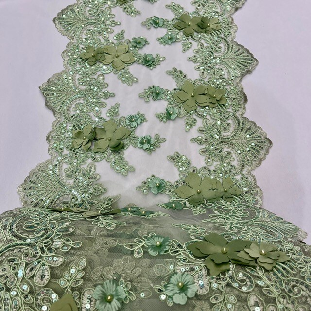 3 Yard Sequin 3D Lace Fabric 33cm Wide Polyester Embroidered Mesh with Pearls & Scalloped Edge