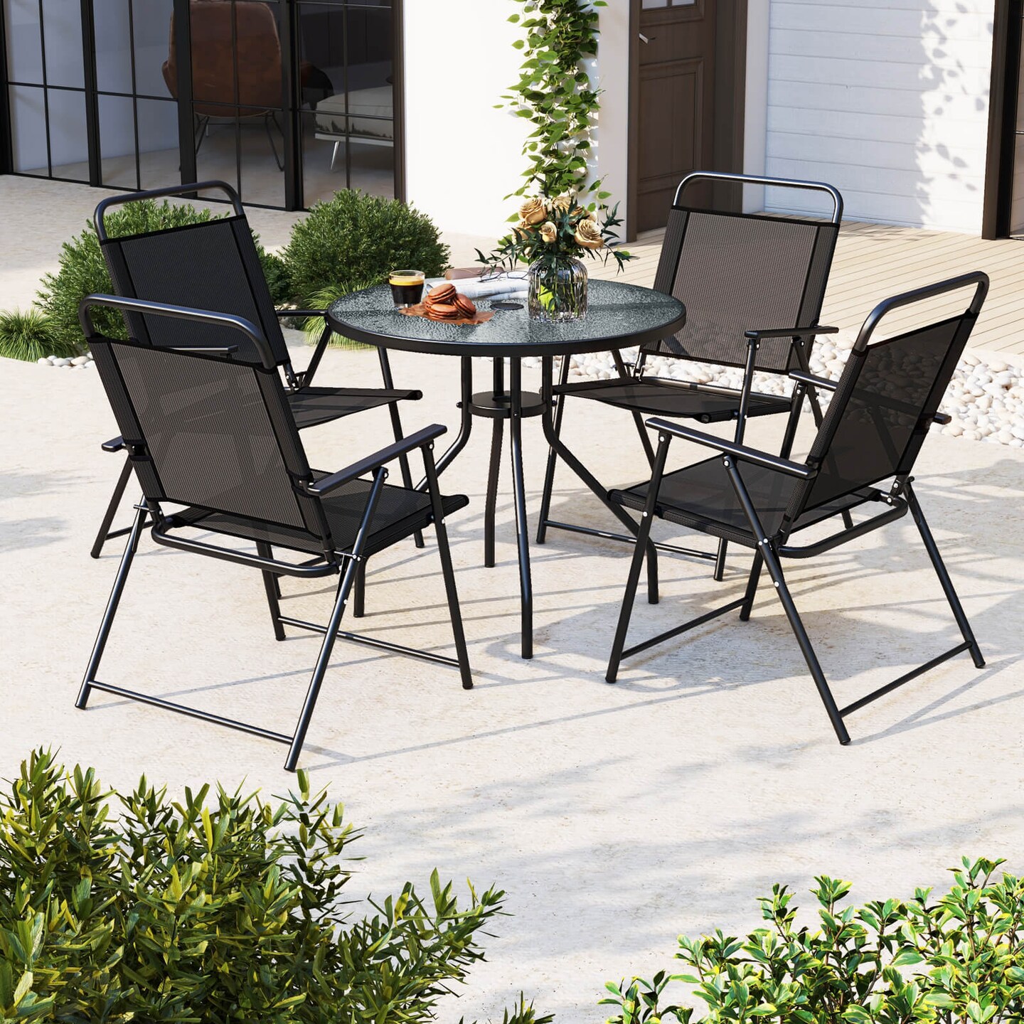 Costway 6 PCS Patio Dining Set Folding Chairs Glass Table Umbrella Garden