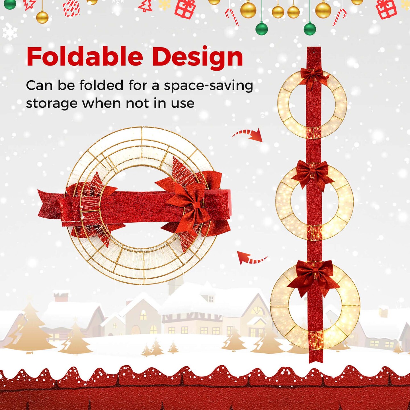 Costway Set of 3 Pre-Lit Wreaths with 450 LED Lights Bows & Hanging Hook for Doors